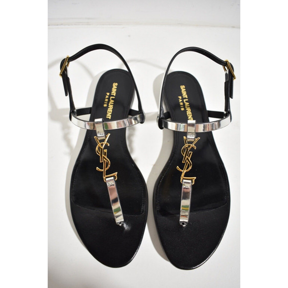 Saint Laurent YSL Logo Cassandra Iota 05 Silver Black Thong Slide Flat Sandal 38 - Picture 8 of 12